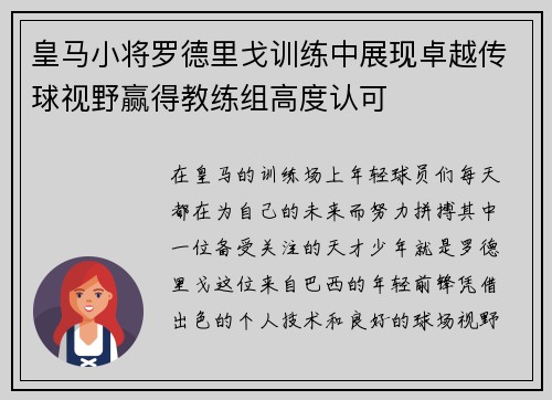 皇马小将罗德里戈训练中展现卓越传球视野赢得教练组高度认可